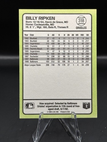 1989 Donruss Baseball - Billy Ripken - No. 318 - Picture 2 of 2