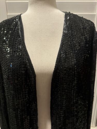 Lew Magram Sequin Jacket Pants Set Black Large Silk Vintage 80s Evening Dressy - Picture 2 of 9
