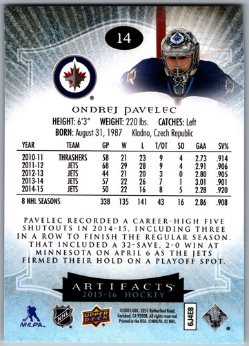 15-16 UPPER DECK ARTIFACTS EMERALD - ONDREJ PAVELEC /99 #14 WINNIPEG JETS - Picture 2 of 2