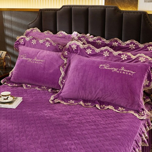 Luxury Quilted Velvet Bedspread King Size Emboridered Ruffle Bedskirt Soft Thick - Bild 16 von 91