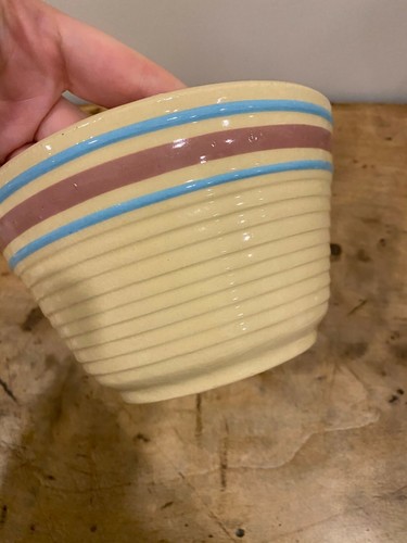 Antique Yellow Ware Stoneware 7” Mixing Bowl with Ridges & Banded Stripes - Picture 3 of 5