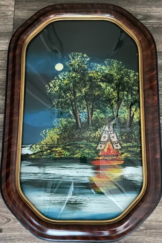 Antique Reverse Painted Bubble Glass Canoe Tipi Indian Native American Painting - Picture 1 of 13