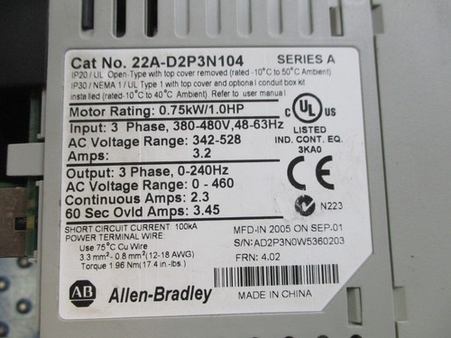 ALLEN BRADLEY SER A POWER FLEX 3-PH, 0.75KW/1.0HP, 3.2A 22A-D2P3N104 - Imagen 4 de 6