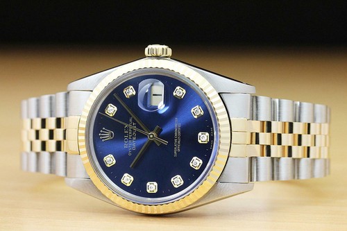ROLEX MENS DATEJUST BLUE DIAMOND 18K YELLOW GOLD STAINLESS STEEL QUICKSET WATCH - Picture 3 of 8