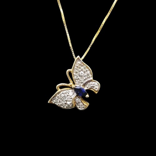 Beautiful 10K Yellow & White Gold Natural Sapphire And Diamond Beautiful Pendant - Picture 2 of 10