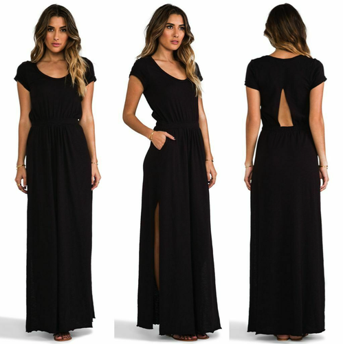 Free People Beach Andrina Vestito Maxi Nero Donna S Nero Scollo Scoop Manica Corta - Foto 4 di 13