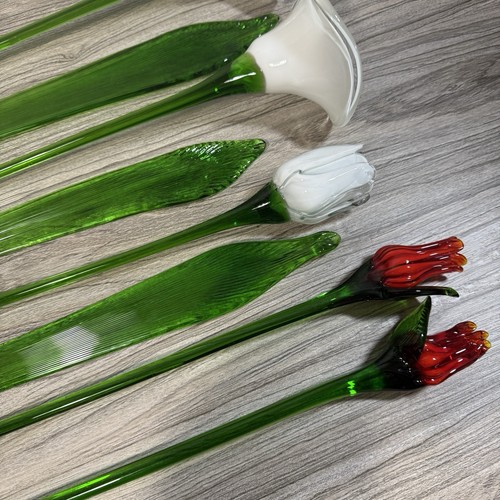 Lote de 6 flores de vidrio soplado a mano tallo largo - tulipán, lirio de cala, 3 hojas - Imagen 7 de 14