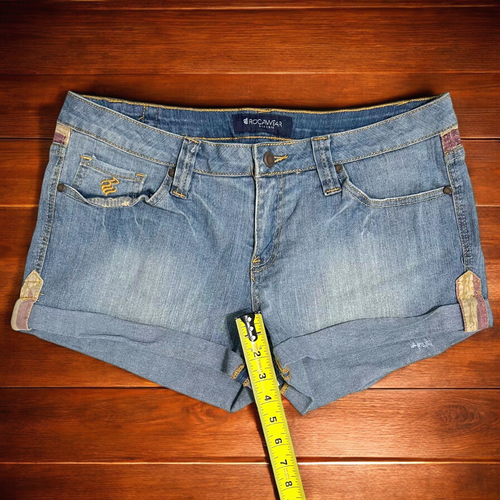 Rocawear 2 Stück bestickt Denim USA Patchwork Weste & Shorts Größe L Streetwear Y2K - Bild 16 von 17