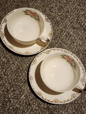 American Rose Cups/Saucers Pink Roses Gold Vintage; 2 Sets (Paden City Pottery)