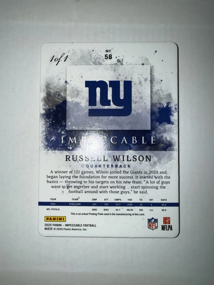 Placa de impresión Panini Impecable Russell Wilson 2025 1 de 1 SSP Giants RARA/1 Foto 2 de 2