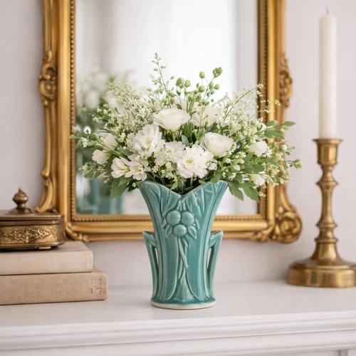 VTG 1940s MCCOY Pottery Double Handle Turquoise 6" Vase Leaves Berries Art Deco