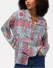 Johnny Was 100 Silk Floral Patchwork Blouse, Button Front Long Sleeve Sz XL