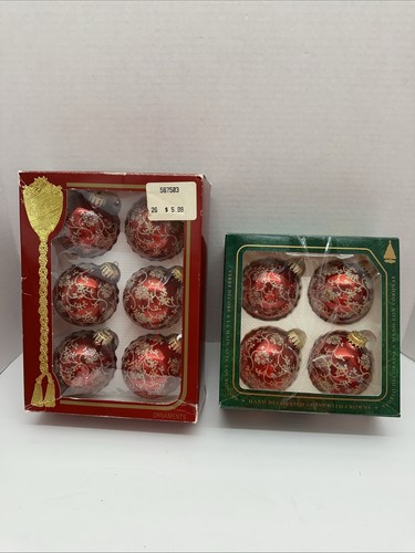 Vintage 10 Natale di Krebs Rosso Borgogna con Oro Glitter Floreale Vetro Ornamenti - Foto 5 di 6