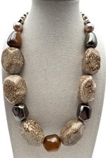 Chunky Beaded Statement Necklace Beige Brown Resin Pebble Nuggets Womens 20in