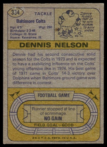 1974 Topps Dennis Nelson Baltimore Colts #334 - Imagen 2 de 2
