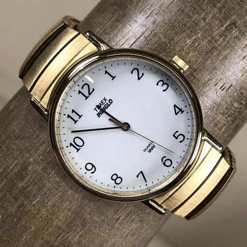 Vintage Timex Indiglo Quartz Watch Mens 34mm White Dial Gold Tone Expansion Band