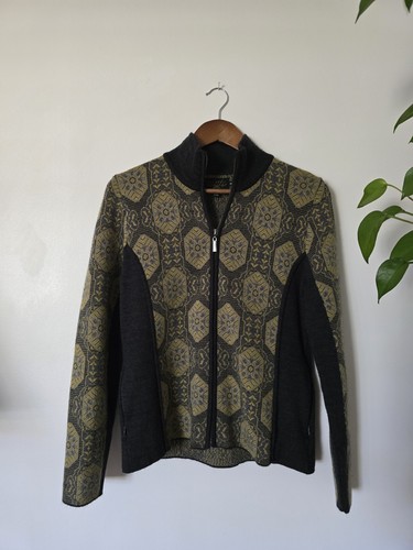 Icelandic Design PM MPetite Gray Yellow Full Zip Wool Blend Cardigan Sweater - Picture 1 of 10