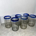 Vintage Mexican Hand Blown Blue Rimmed Tall Drinking Glasses Set of 6-(351)