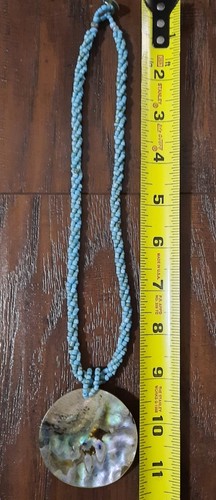 Triple-Strand 2 1/4" Abilone Shell Pendant Necklace~18" Necklace W/ Teal Beads  - Picture 5 of 11