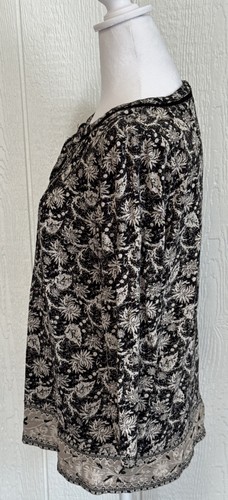 Lucky Brand Damen V-Ausschnitt Tunika Oberteil 3/4 Arm schwarz geblümt Gr. Large Boho - Bild 2 von 10