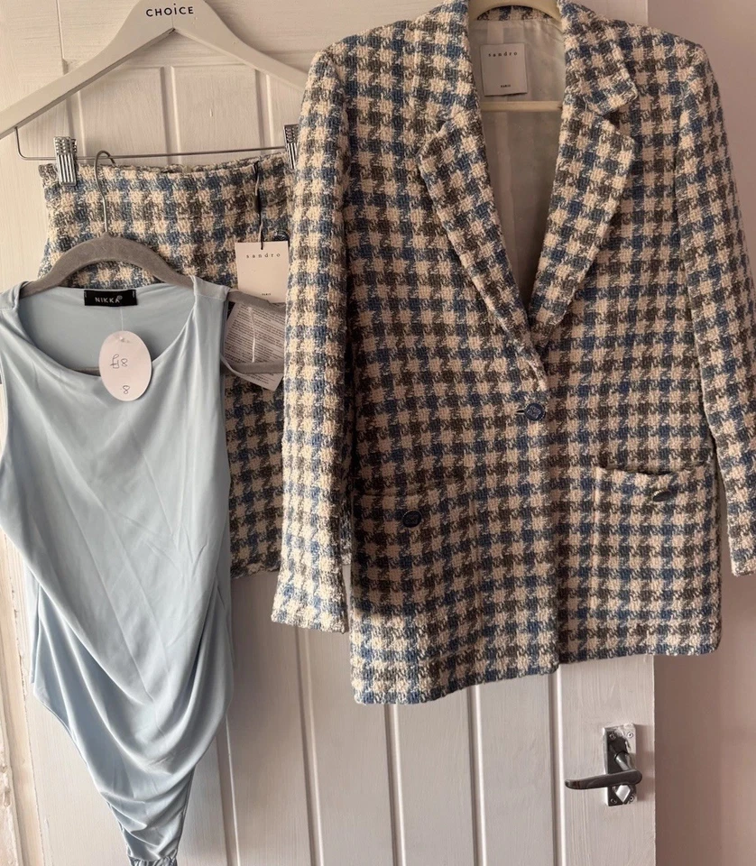 impresionante blazer Sandro París patrón dientes de gallo 34/6 y falda 1/8 tweed Foto 4 de 4