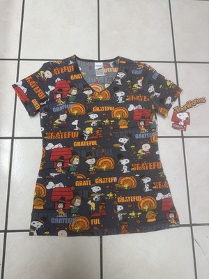 Peanuts Scrub Top Tooniforms Thanksgiving V Neck Snoopy & Friends Sz. XXsmall 
