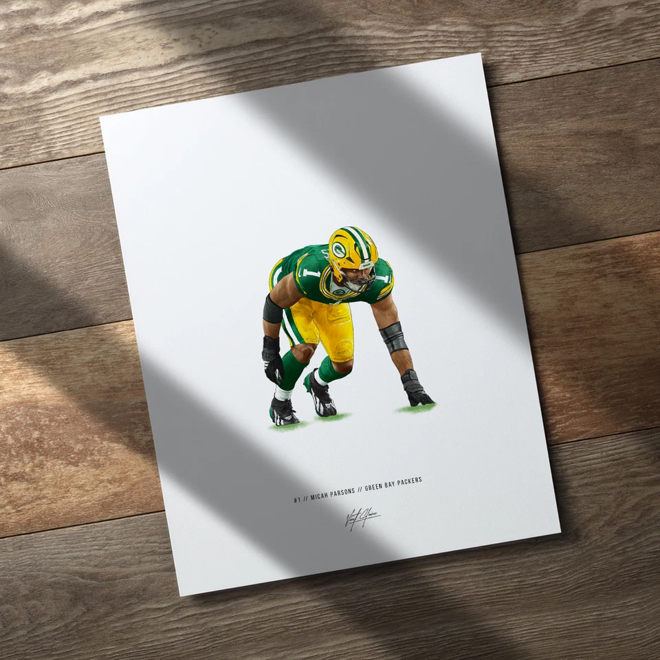Póster de fútbol americano de los Green Bay Packers de Micah Parsons 8x10 impresión artística ilustrada Foto 3 de 4