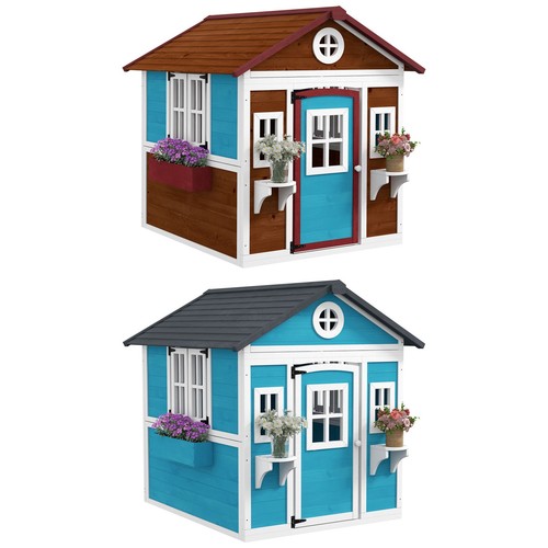 Kinderspielhaus aus Holz mit Fenster, Blumenregal, Pflanzenkasten und Tür - Afbeelding 1 van 23