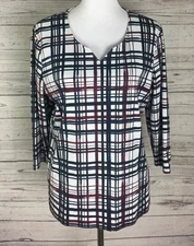 Rebecca Malone Knit Top Women's Size XL Multicolor Plaid 3/4 Sleeve Stretch