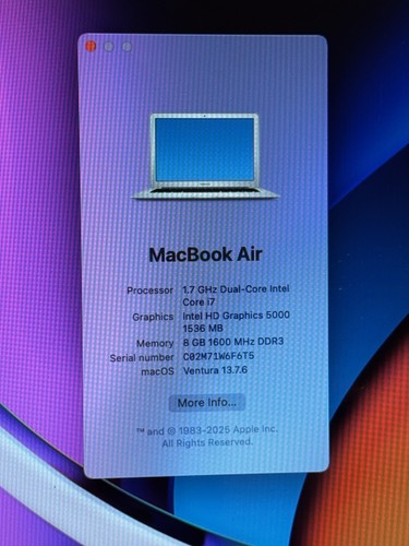Apple MacBook Air A1466 2013 13.3" i7-4650U 1.7GHz 256GB SSD 8GB RAM 154 Cycles - Afbeelding 4 van 12