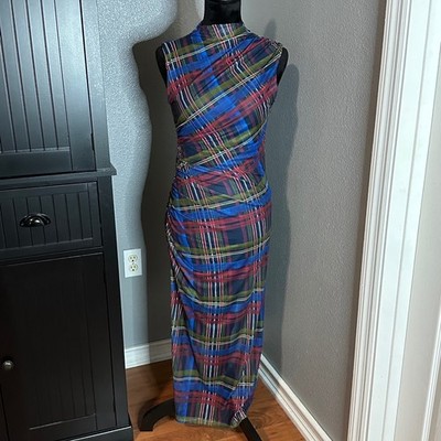 Betsey Johnson Plaid Ruched Mock Neck Sleeveless Midi Dress Women's S NWT Y2K