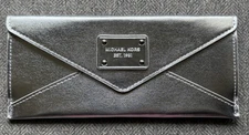 Michael Kors Metallic Silver Pewter Envelope Wallet One Pocket Clutch Bag Purse