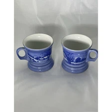 Currier and Ives Cups “The Farmers Home Winter” Blue Gold Rim Mug Set Of 2