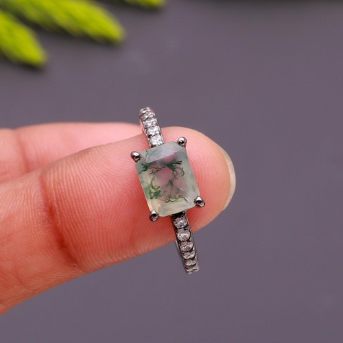 Natural Moss Agate Octagon Shape Ring 925 Sterling Silver Oxidized Charm Jewelry - Picture 17 of 20