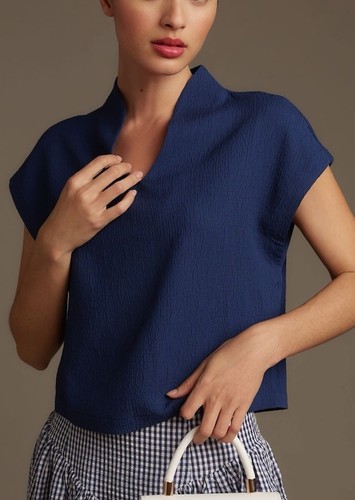 NWT Anthropologie Maeve Short-Sleeve Textured Popover Blouse Size Medium Navy - Picture 2 of 6