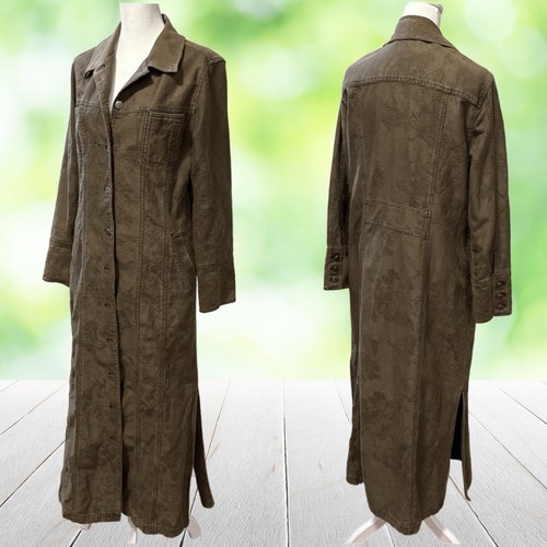 Vintage Denim Jacket Womens 8 10 Olive Long Duster Coat Textured 90s Edgy Grunge