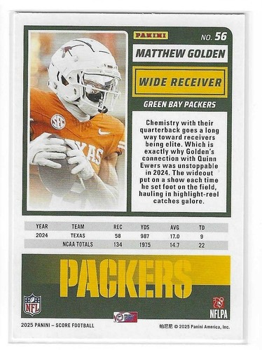 MATTHEW GOLDEN 2025 SCORE ROOKIE RC GREEN BAY PACKERS $1.99 ROOM - Picture 2 of 2