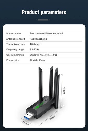 High-Speed 1200Mbps USB WiFi Adapter Dual Band 2.4G 5G 4 Antena USB 3.0 Prezent - Zdjęcie 17 z 26