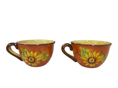 Orange Rooster Soup Cereal Bowl w/Handle Floral Rooster Yellow Inside Set of 4 - Picture 3 of 14