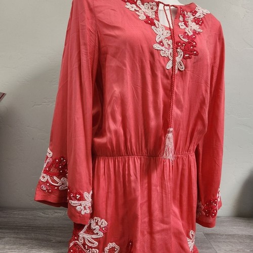 Soft Surroundings Corral Pink Tunic Top Size S Embroidered Boho Peasant Floral