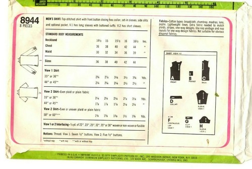 Vintage 1970s Simplicity Sewing Pattern Men's CLASSIC SHIRT 8944 Chest 44" UNCUT - Picture 3 of 4