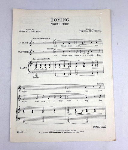 Sheet Music Homing Song Arthur L Salmon Teresa Del Riego Antique 1917 1927 Piano - Picture 4 of 6