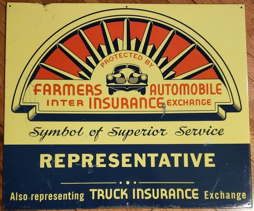 VERY RARE 1940'S FARMERS AUTOMOTIVE INTER INSURANCE EXCHANGE TIN SIGN 20" X 17"  - Foto 1 di 9