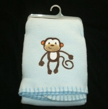 Garanimals Blue Fleece Monkey Baby Blanket Embroidered Blanket Stitch Trim NEW
