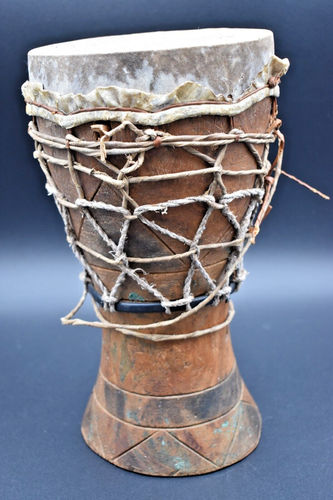 West African Hand Carved Wooden Art Style Tribal Djembe Drum Vintage 13" Tall