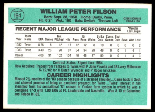1984 Donruss Pete Filson Rookie #194 13C - Picture 2 of 2