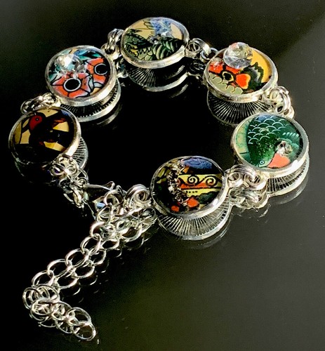 Handcrafted Artisan Charm Bracelet, Birds And Rhinestones, Adjustable 6-8 ins. - Picture 1 of 8