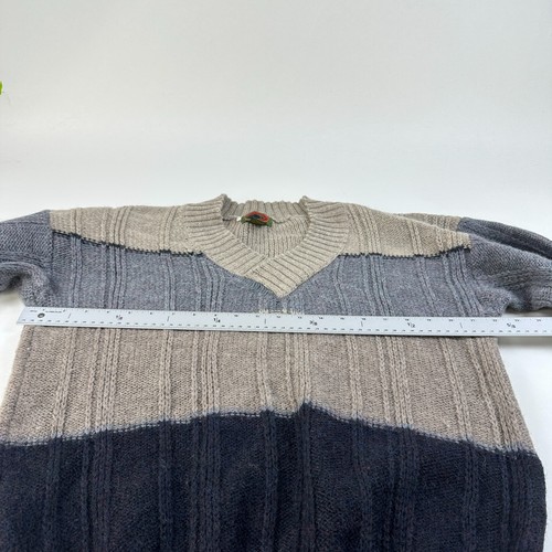 VTG Boston Traders Mens Sweater V Neck sz L Wool Striped Tan Grey Grandpa Retro - Picture 6 of 8