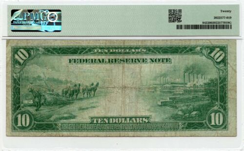 1914 $10 Federal Reserve Note Kansas City KS Fr# 942 PMG VF20 - Picture 2 of 2