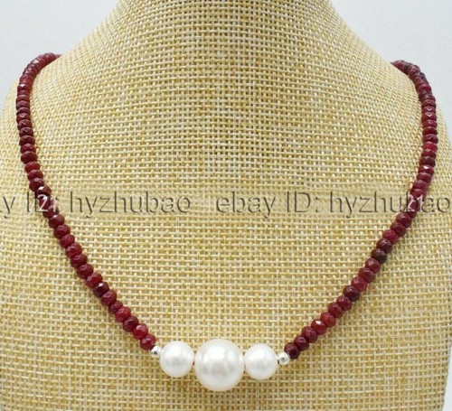 Fine 2x4mm Faceted Roundel Red Ruby & White Shell Pearl Round Beads Necklace 18" - Picture 5 of 5